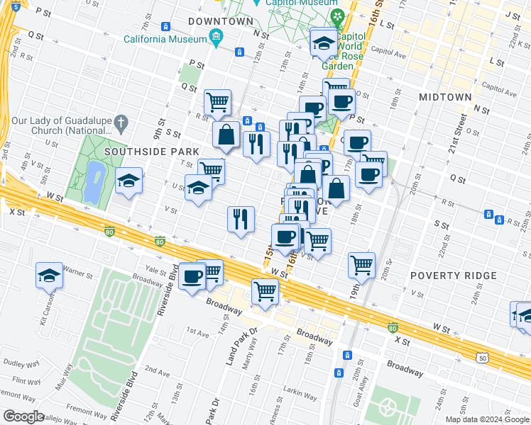 map of restaurants, bars, coffee shops, grocery stores, and more near 1414 U Street in Sacramento