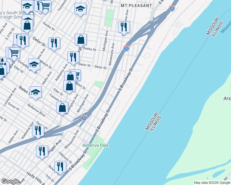 map of restaurants, bars, coffee shops, grocery stores, and more near 5025a South Broadway in St. Louis