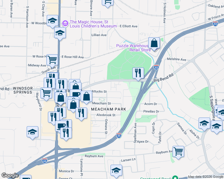 map of restaurants, bars, coffee shops, grocery stores, and more near 410 Attucks Street in Kirkwood