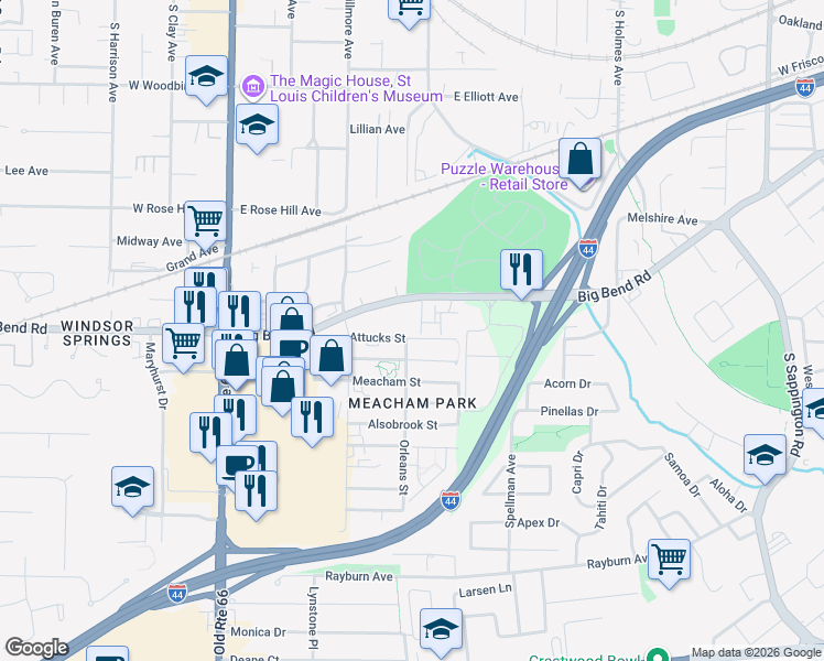 map of restaurants, bars, coffee shops, grocery stores, and more near 410 Attucks Street in Kirkwood