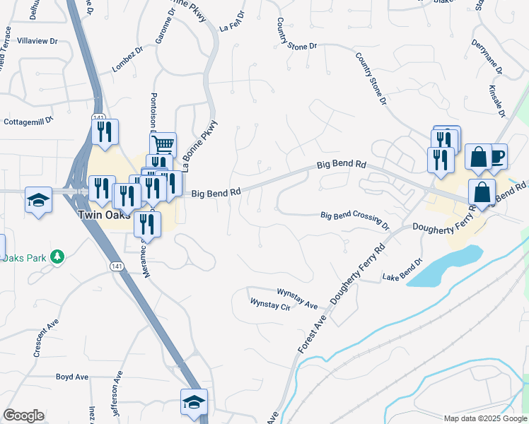 map of restaurants, bars, coffee shops, grocery stores, and more near 1036 Arbor Pointe Drive in Valley Park