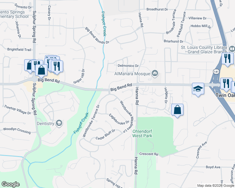 map of restaurants, bars, coffee shops, grocery stores, and more near 1330 Westbrooke Meadows Lane in Ballwin