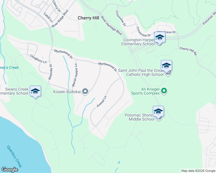 map of restaurants, bars, coffee shops, grocery stores, and more near 17680 Avenel Lane in Dumfries