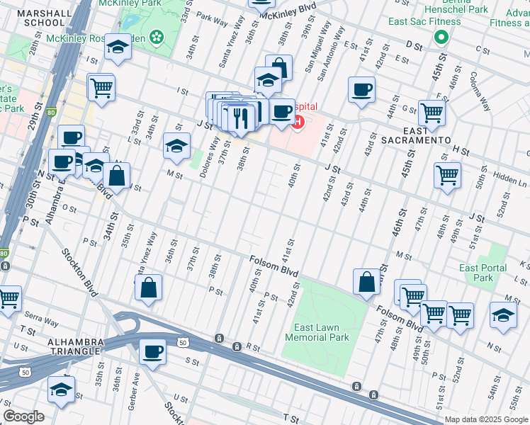 map of restaurants, bars, coffee shops, grocery stores, and more near 3940 M Street in Sacramento
