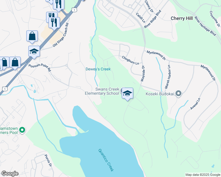 map of restaurants, bars, coffee shops, grocery stores, and more near 17633 Deweys Run Lane in Dumfries