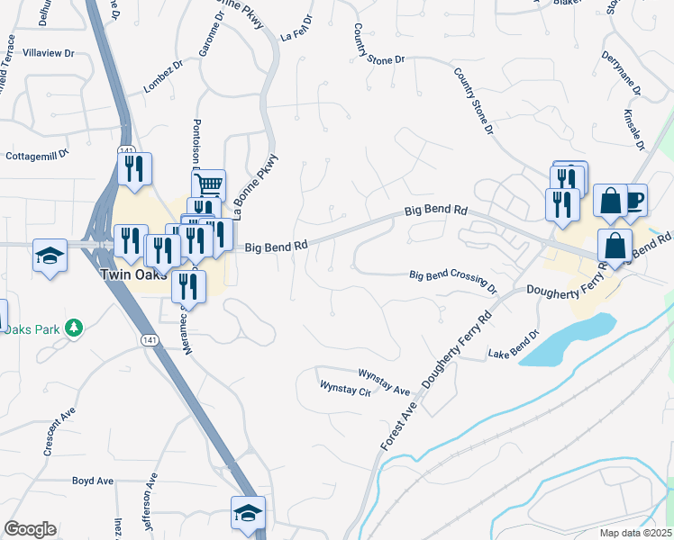 map of restaurants, bars, coffee shops, grocery stores, and more near 1036 Arbor Pointe Drive in Valley Park