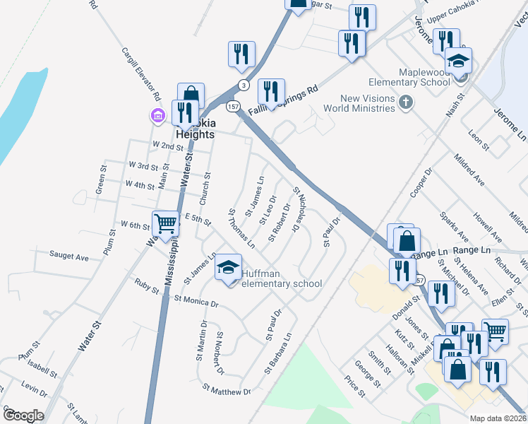 map of restaurants, bars, coffee shops, grocery stores, and more near 131 Saint Leo Drive in Cahokia