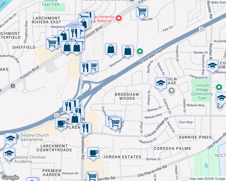 map of restaurants, bars, coffee shops, grocery stores, and more near 3318 Union Springs Way in Sacramento