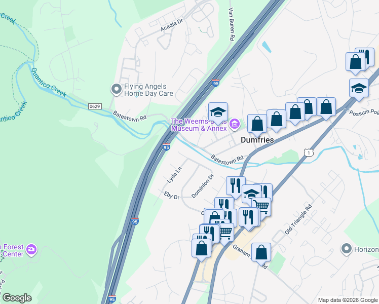 map of restaurants, bars, coffee shops, grocery stores, and more near 3861 Dominion Dr in Dumfries