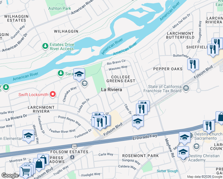 map of restaurants, bars, coffee shops, grocery stores, and more near in La Riviera