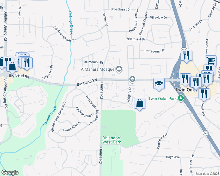 map of restaurants, bars, coffee shops, grocery stores, and more near 1030 Hanna Road in Ballwin