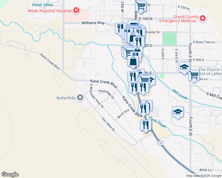 map of restaurants, bars, coffee shops, grocery stores, and more near 81 Kane Creek Boulevard in Moab