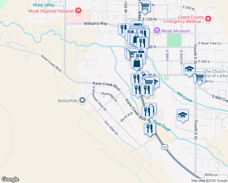 map of restaurants, bars, coffee shops, grocery stores, and more near 81 Kane Creek Boulevard in Moab