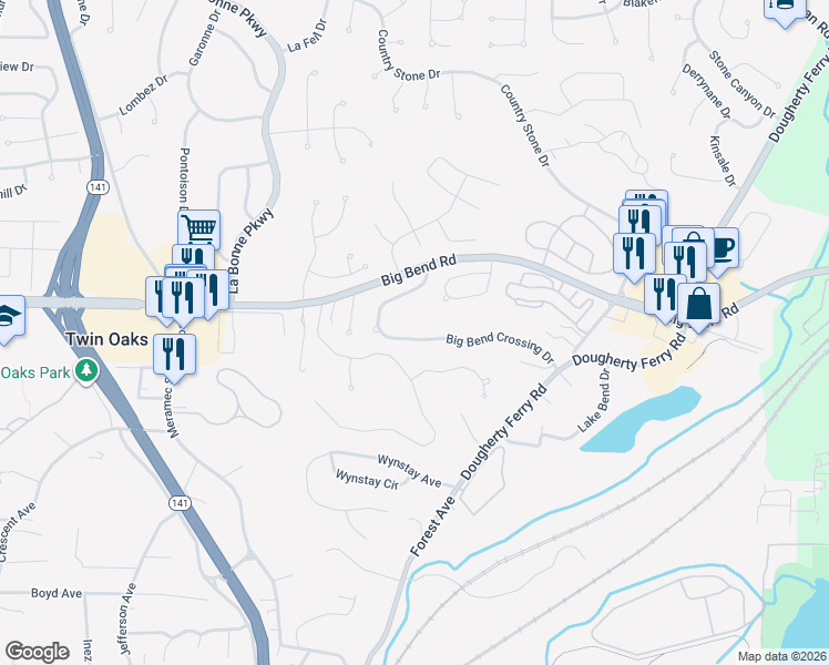 map of restaurants, bars, coffee shops, grocery stores, and more near 1185 Big Bend Crossing Drive in Valley Park