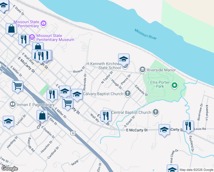 map of restaurants, bars, coffee shops, grocery stores, and more near 103 McKinley Street in Jefferson City