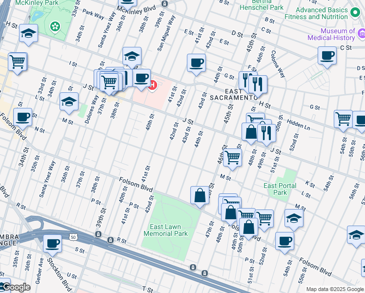 map of restaurants, bars, coffee shops, grocery stores, and more near 43rd Street in Sacramento