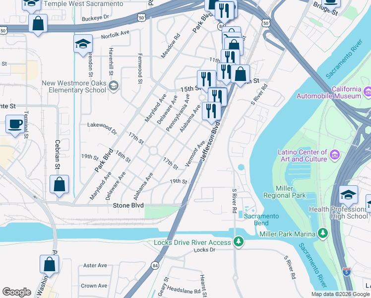 map of restaurants, bars, coffee shops, grocery stores, and more near 1605 Vermont Avenue in West Sacramento