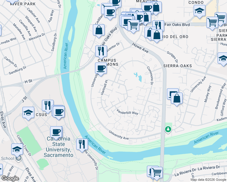 map of restaurants, bars, coffee shops, grocery stores, and more near 552 Hartnell Place in Sacramento