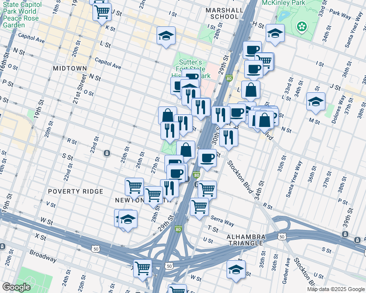 map of restaurants, bars, coffee shops, grocery stores, and more near 2820 P Street in Sacramento