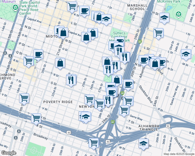 map of restaurants, bars, coffee shops, grocery stores, and more near 2616 Q Street in Sacramento