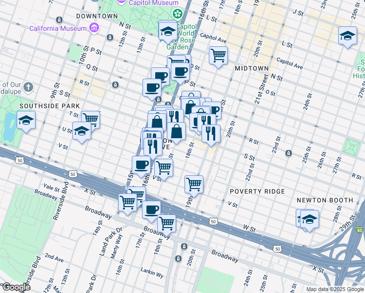 map of restaurants, bars, coffee shops, grocery stores, and more near 1714 T Street in Sacramento