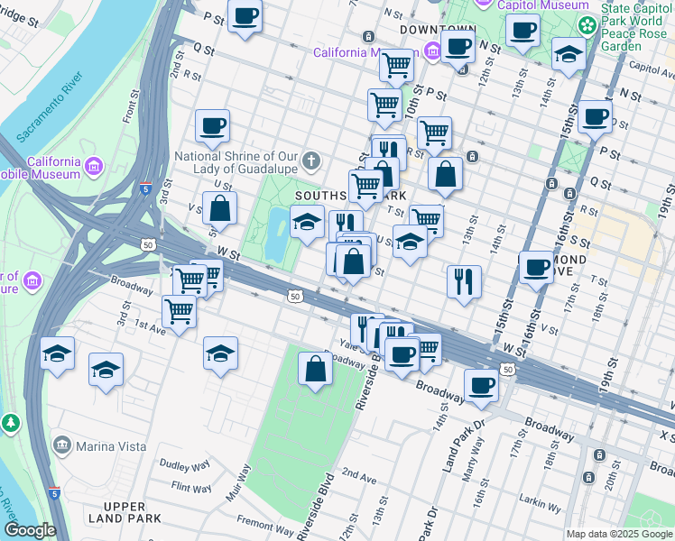 map of restaurants, bars, coffee shops, grocery stores, and more near 2220 10th Street in Sacramento