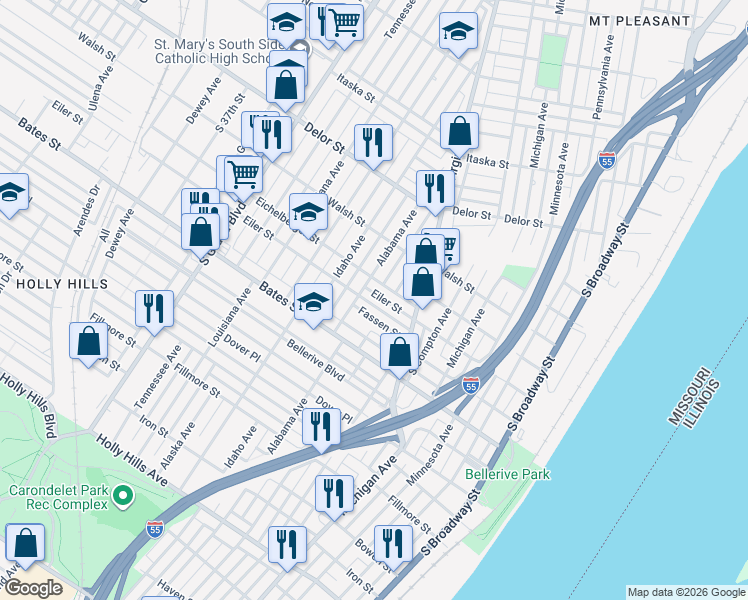 map of restaurants, bars, coffee shops, grocery stores, and more near 607 Fassen Street in St. Louis