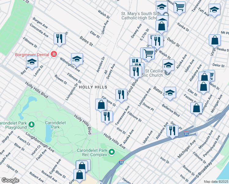 map of restaurants, bars, coffee shops, grocery stores, and more near 3640 Wilmington Avenue in St. Louis
