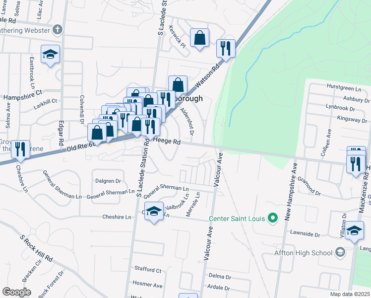map of restaurants, bars, coffee shops, grocery stores, and more near 7061 Middlevalley Walk in St. Louis