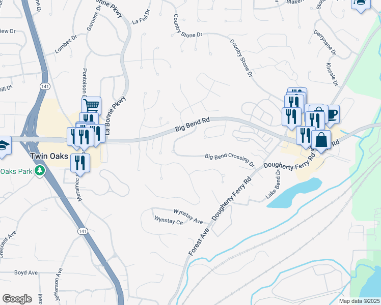 map of restaurants, bars, coffee shops, grocery stores, and more near 1185 Big Bend Crossing Drive in Valley Park