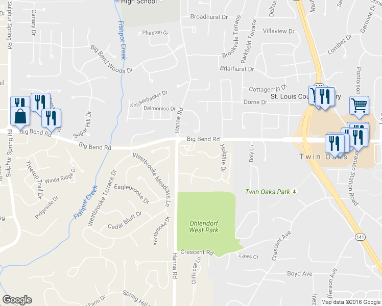 map of restaurants, bars, coffee shops, grocery stores, and more near 1030 Hanna Road in Ballwin