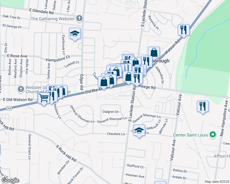 map of restaurants, bars, coffee shops, grocery stores, and more near 7415 Hardscrapple Drive in St. Louis