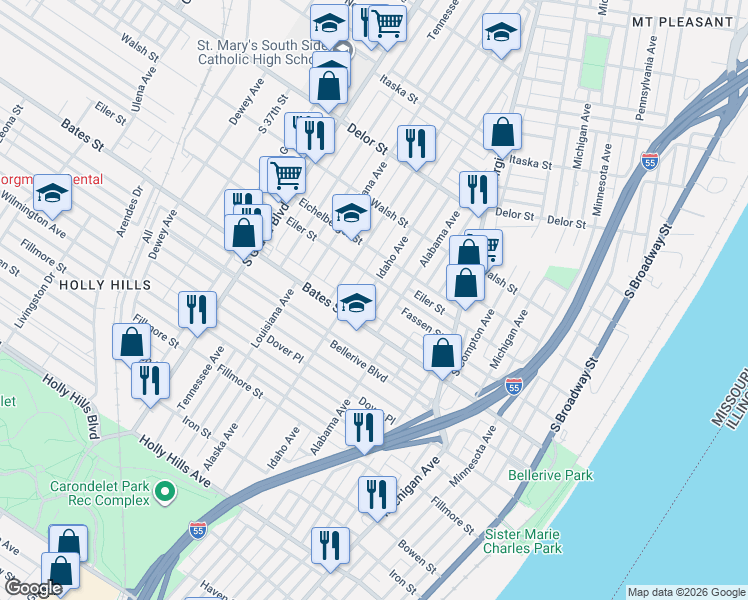 map of restaurants, bars, coffee shops, grocery stores, and more near 5457 Alabama Avenue in St. Louis