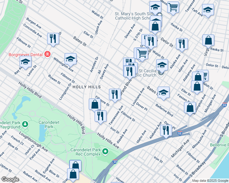 map of restaurants, bars, coffee shops, grocery stores, and more near 5815 South Grand Boulevard in St. Louis