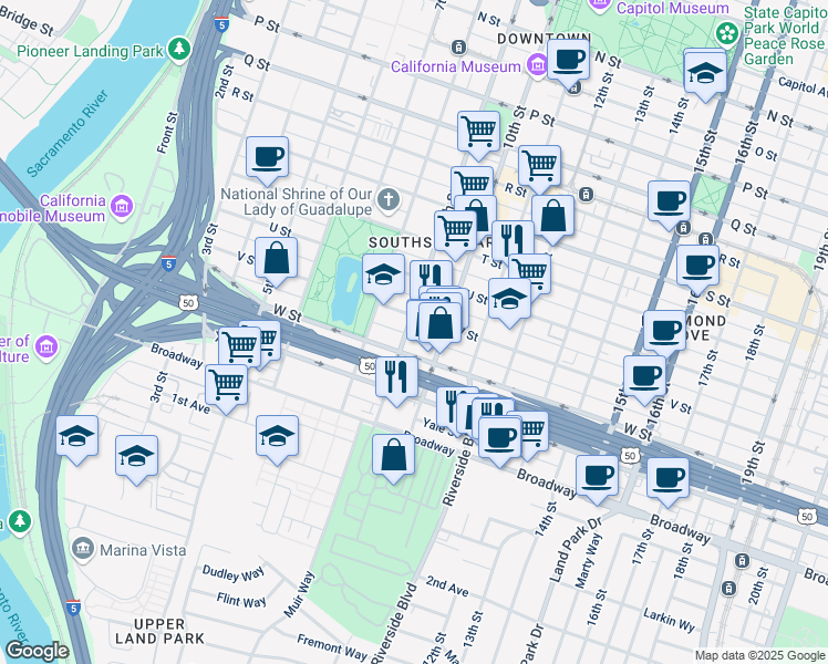 map of restaurants, bars, coffee shops, grocery stores, and more near 2215 9th Street in Sacramento