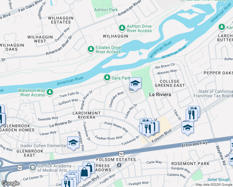 map of restaurants, bars, coffee shops, grocery stores, and more near 2528 Clearlake Way in Sacramento