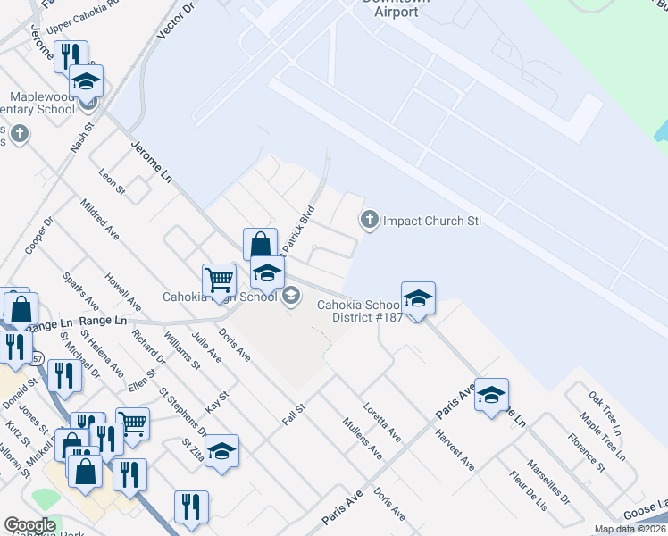 map of restaurants, bars, coffee shops, grocery stores, and more near 1124 Saint Benedict Drive in Cahokia