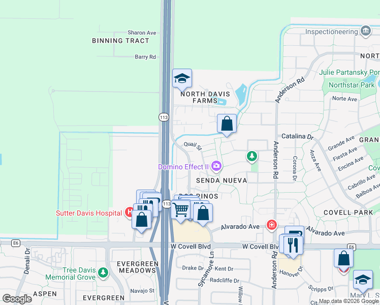 map of restaurants, bars, coffee shops, grocery stores, and more near 2696 Sycamore Lane in Davis