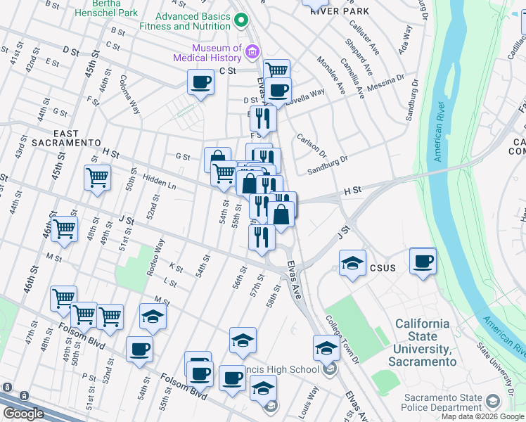 map of restaurants, bars, coffee shops, grocery stores, and more near 847 56th Street in Sacramento