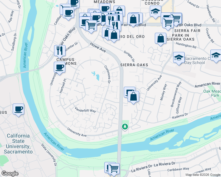 map of restaurants, bars, coffee shops, grocery stores, and more near 2 Adelphi Court in Sacramento