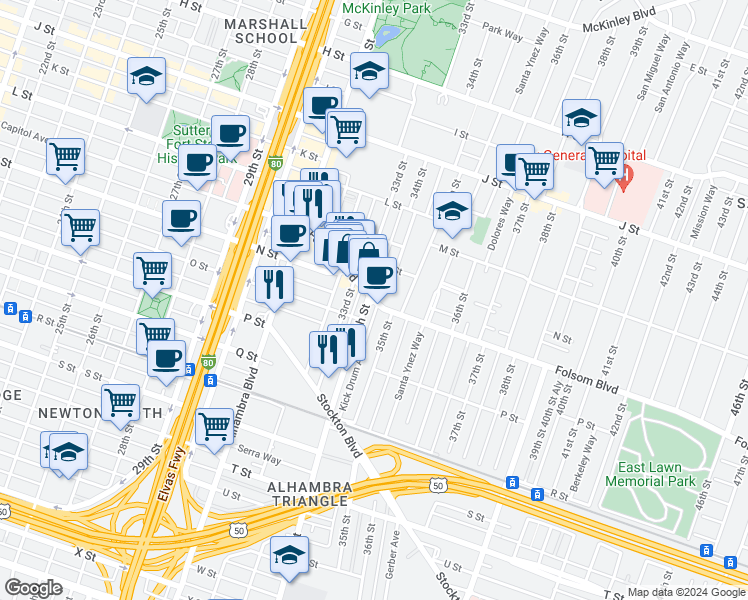 map of restaurants, bars, coffee shops, grocery stores, and more near 1491 34th Street in Sacramento
