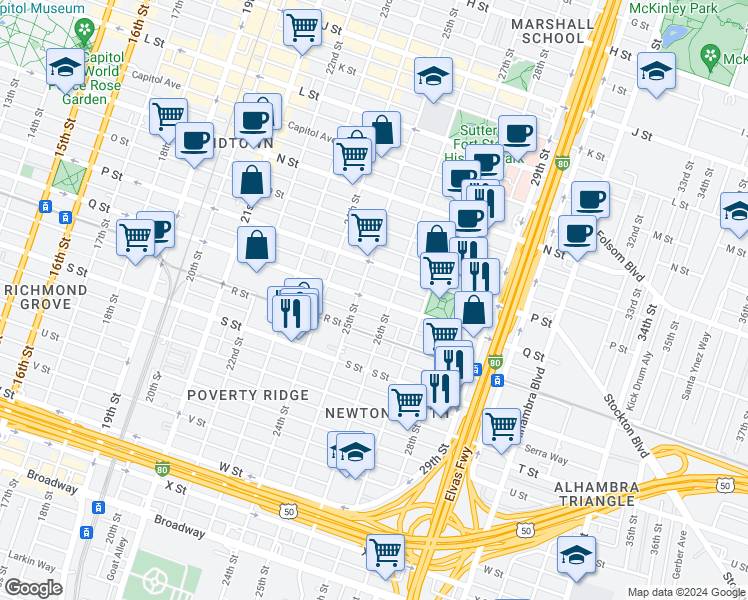 map of restaurants, bars, coffee shops, grocery stores, and more near 1714 26th Street in Sacramento
