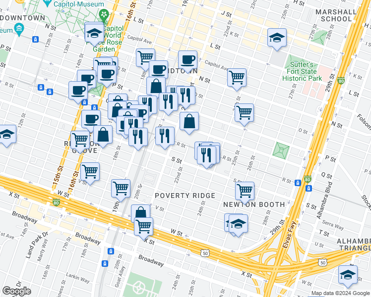 map of restaurants, bars, coffee shops, grocery stores, and more near 2117 S Street in Sacramento