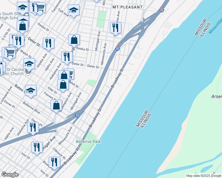 map of restaurants, bars, coffee shops, grocery stores, and more near 5025a South Broadway in St. Louis