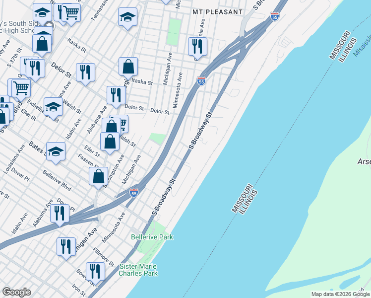 map of restaurants, bars, coffee shops, grocery stores, and more near 5025a South Broadway in St. Louis
