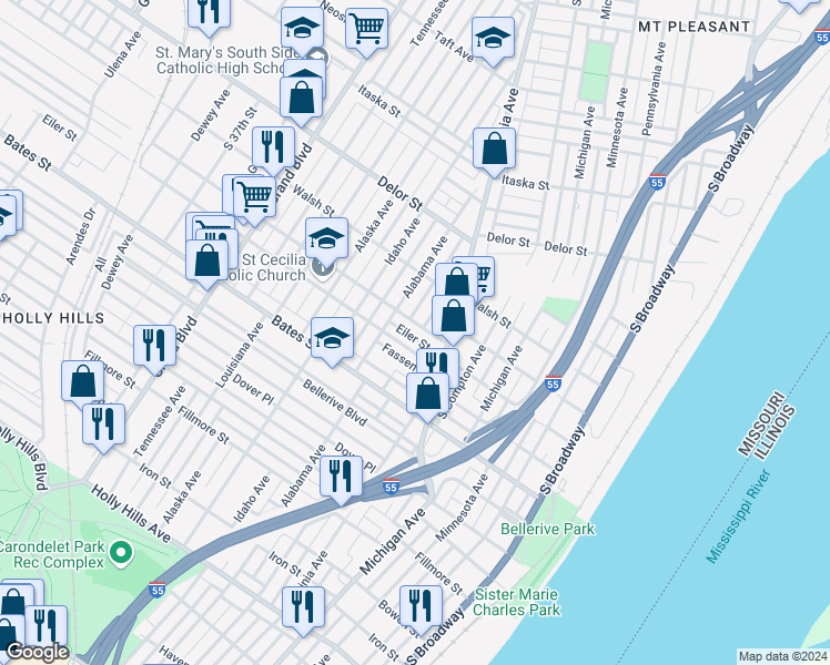 map of restaurants, bars, coffee shops, grocery stores, and more near 607 Fassen Street in St. Louis