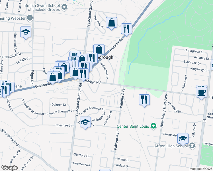 map of restaurants, bars, coffee shops, grocery stores, and more near 7061 Middlevalley Walk in St. Louis