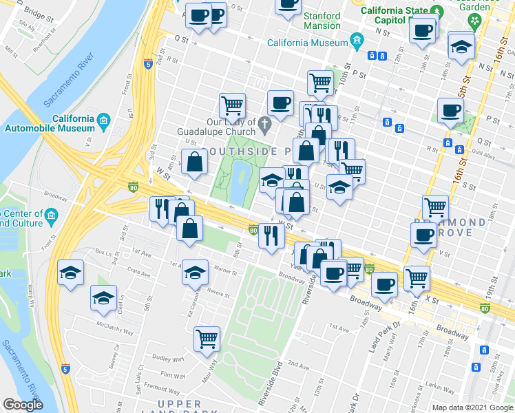 map of restaurants, bars, coffee shops, grocery stores, and more near 2221 8th Street in Sacramento