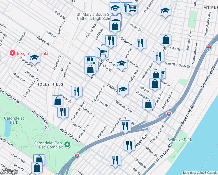 map of restaurants, bars, coffee shops, grocery stores, and more near 929 Bellerive Boulevard in St. Louis