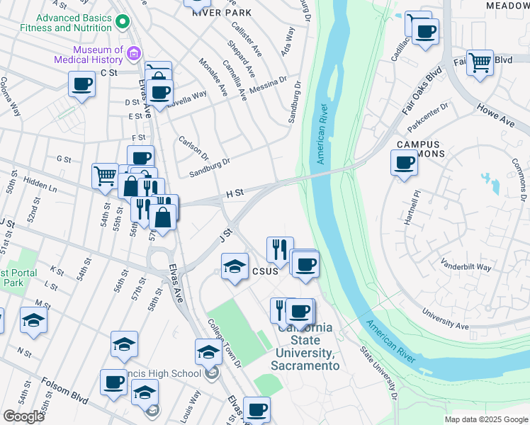 map of restaurants, bars, coffee shops, grocery stores, and more near 6000 J Street in Sacramento